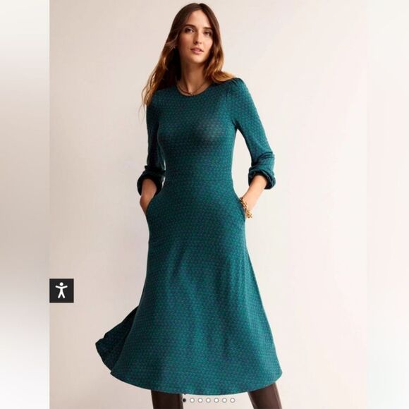 Boden Camille Jersey Midi Dress Green Emerald Night Lily Sprig Long Sleeve 4 - Picture 2 of 10